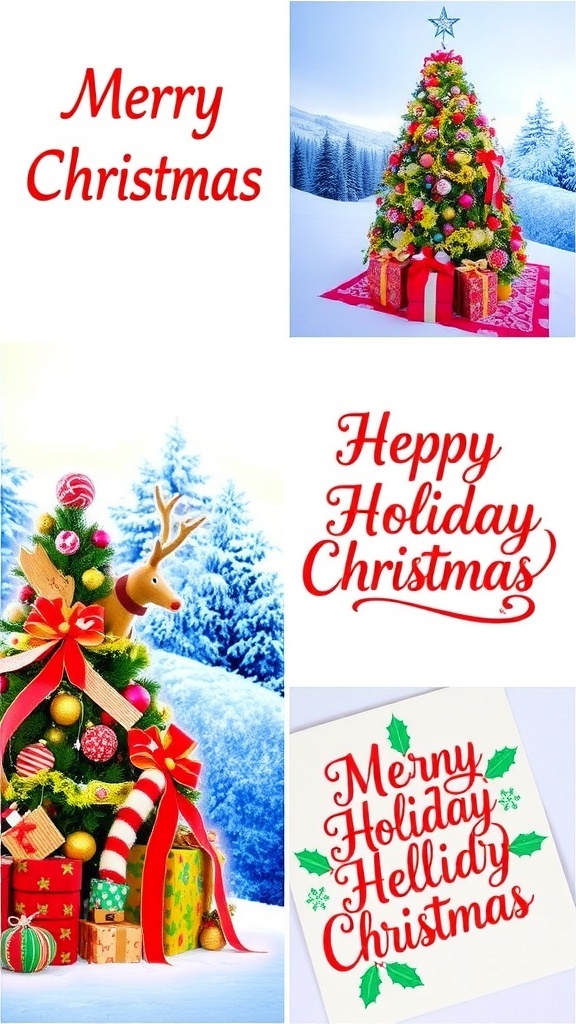 A collage of Christmas images featuring a tree, winter scenery, and holiday greetings.